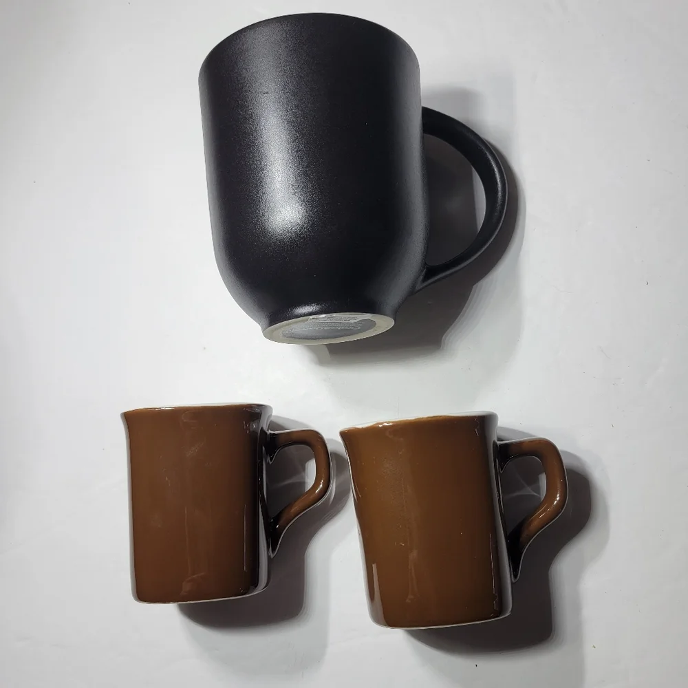 Crate&Barrel Black Stoneware Mug and Pair of Chocolate Espresso Cups